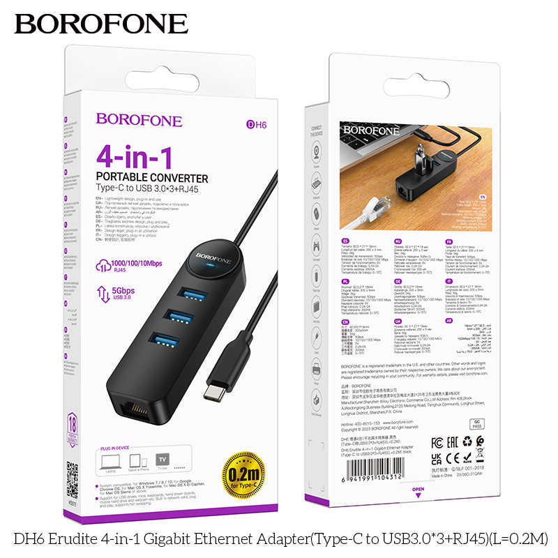 Bộ chuyển đổi Ethernet Gigabit 4 trong 1 DH6 Erudite (Loại C sang USB3.0*3+RJ45)(L=0,2M)