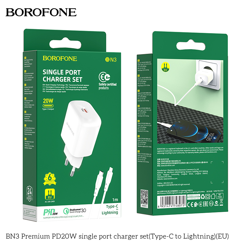 Bộ sạc một cổng BN3 Premium PD20W (Type-C sang iP)(EU)