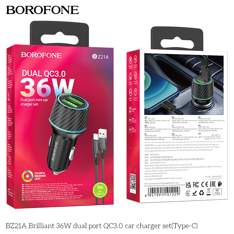 Bộ sạc ô tô QC3.0 cổng kép 36W BZ21A Brilliant (Type-C)