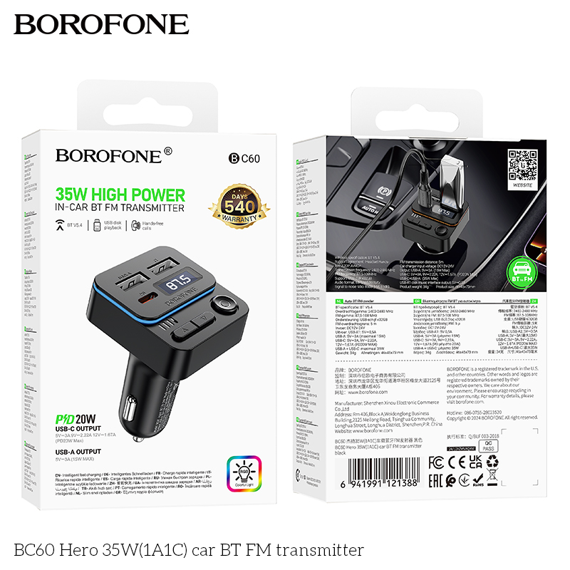 Máy phát FM BT ô tô BC60 Hero 35W(1A1C)